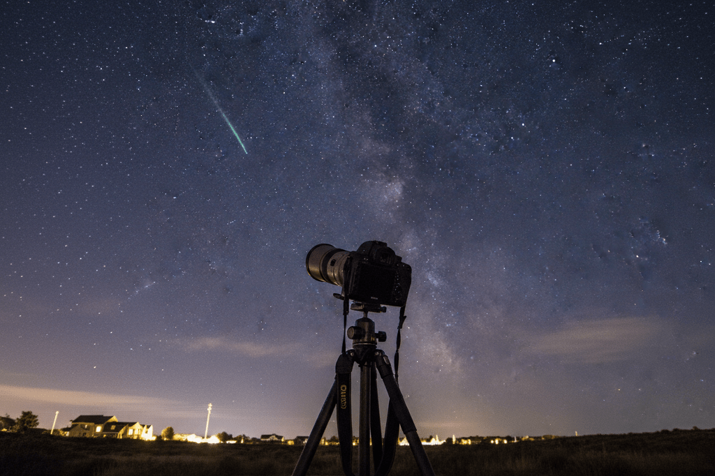 A DSLR camera on a tripod positioned outdoors at night, aimed at a star-filled sky with a meteor streak, lit by ambient moonlight and soft artificial light