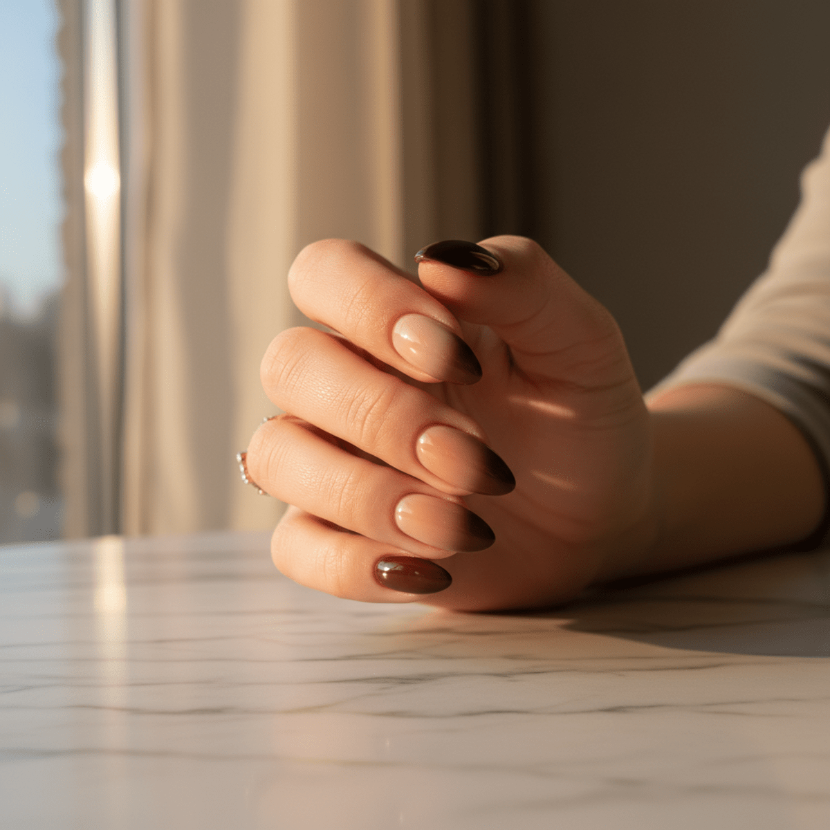 Finely manicured mocha mousse ombré nails resting on a marble tabletop.