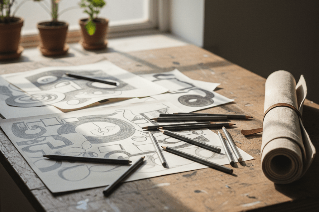 Close-up of art supplies and sketches on a desk bathed in natural light, conveying mystery through incomplete works
