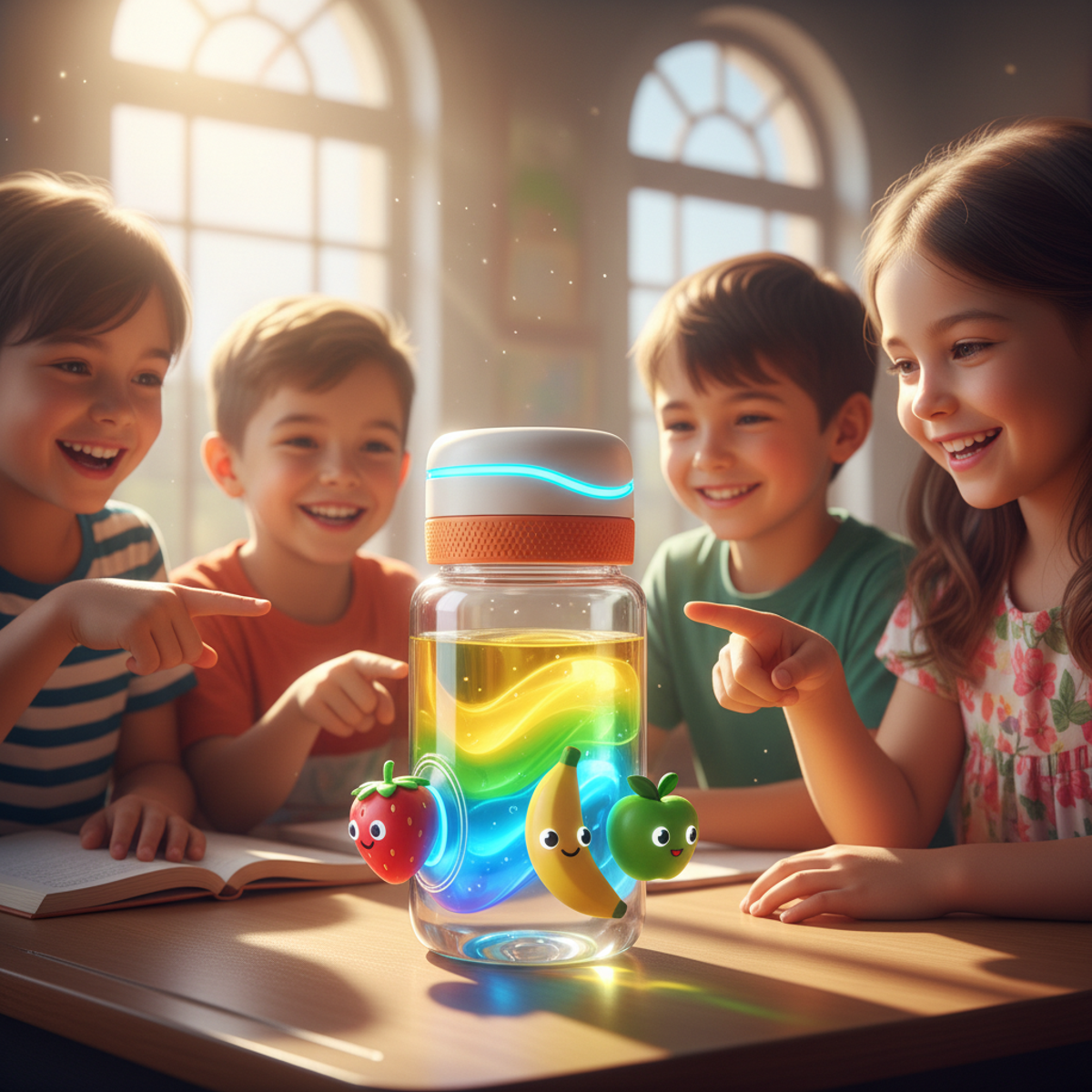 Smart water bottle with fruit pods on a school desk with happy children.