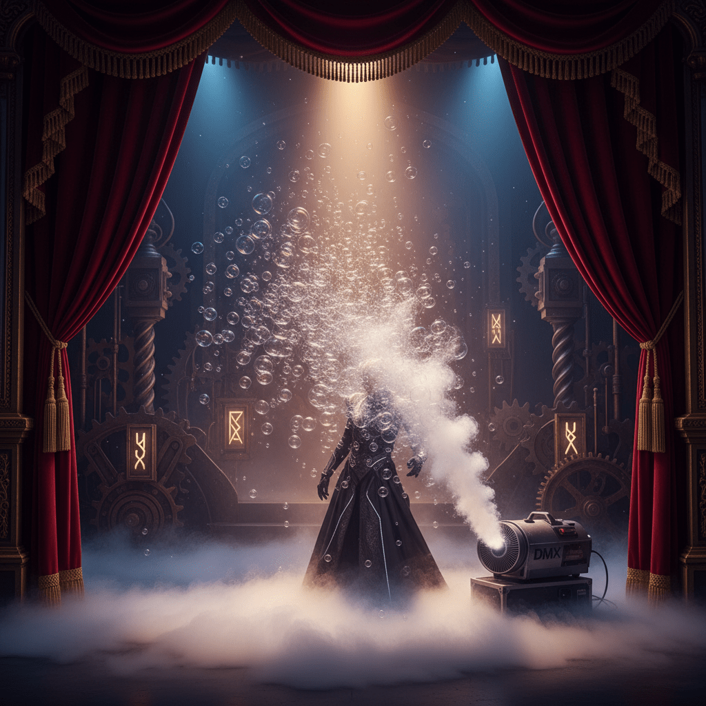 Dramatic stage entrance with iridescent bubbles and fog from velvet-curtained wings.