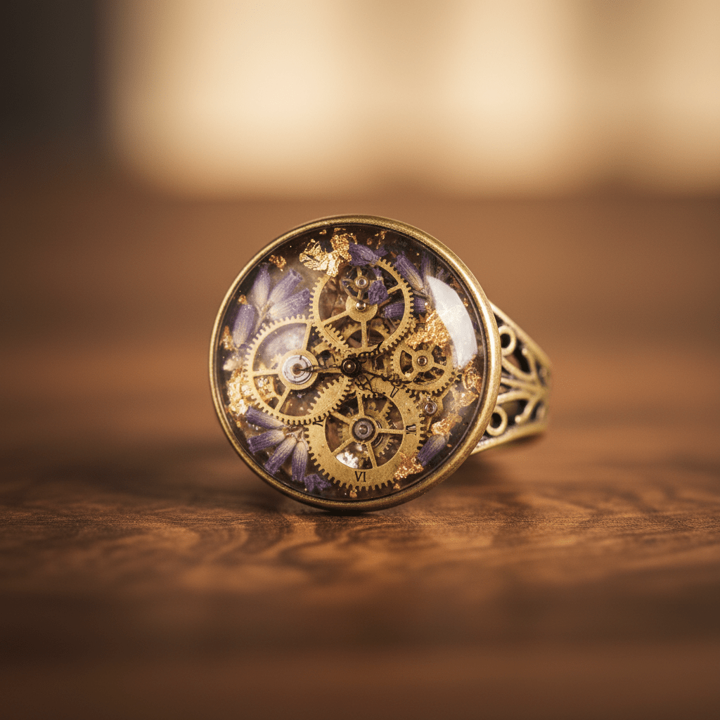 Artisan ring watch encased in resin with vintage gears, lavender, and gold leaf.