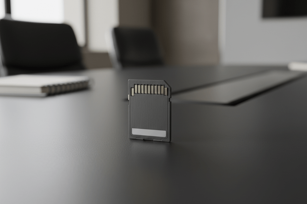 A professional close-up of an unlabeled SD memory card centered on a dark conference table under natural office lighting
