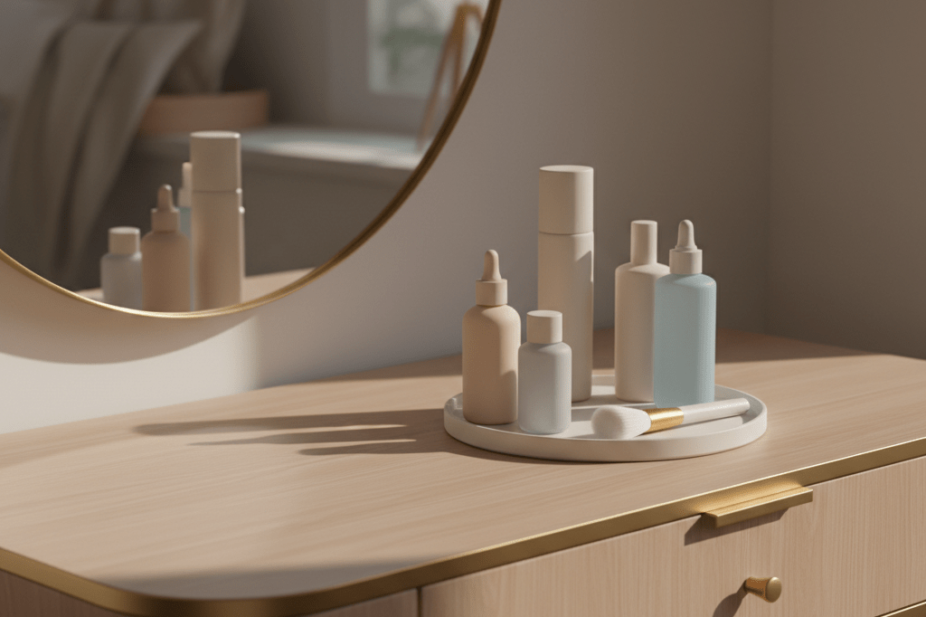 Close-up of unbranded skincare and makeup items on a vanity under warm light representing consumer transformation