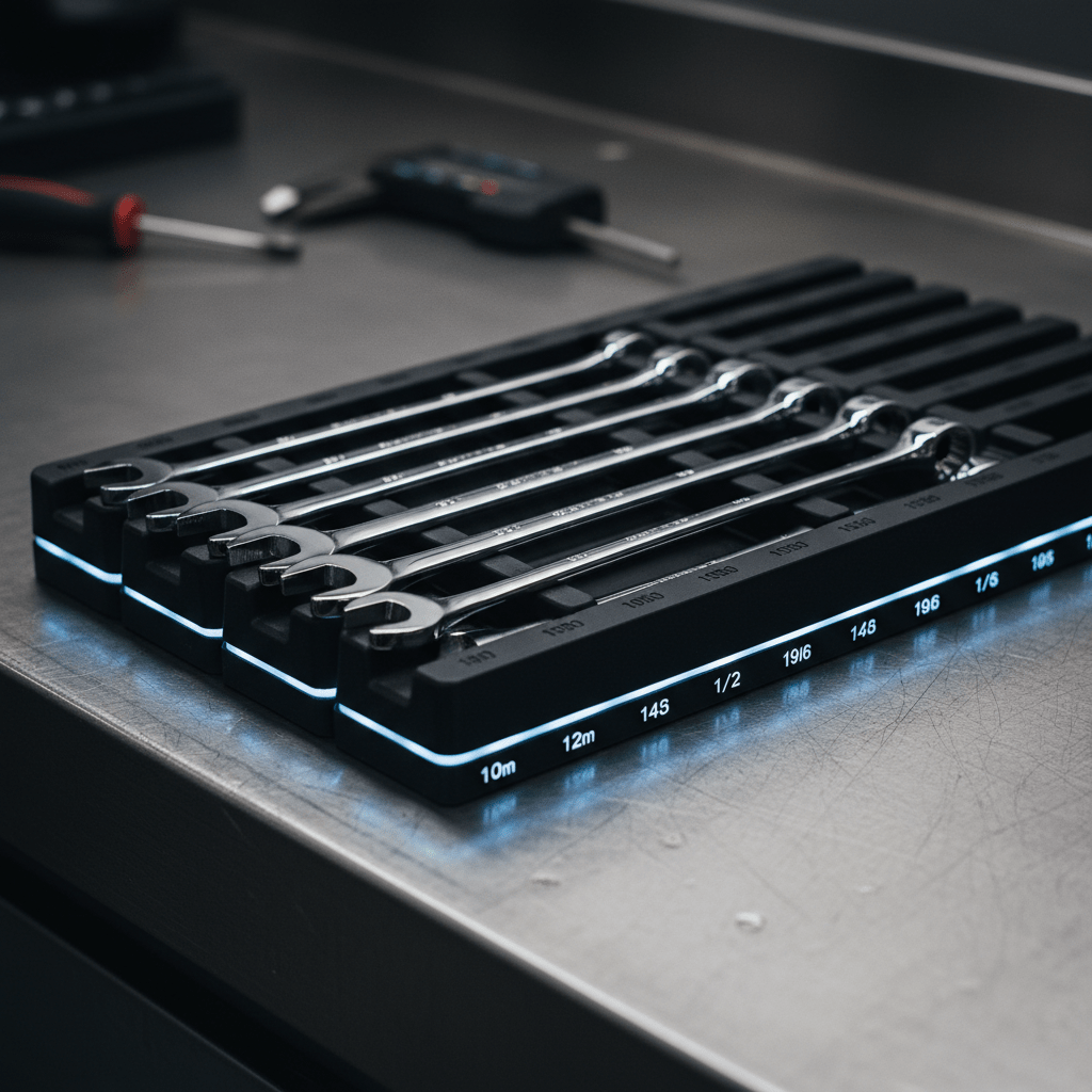 Custom wrench organizer tray with chrome tools in black polymer modules.