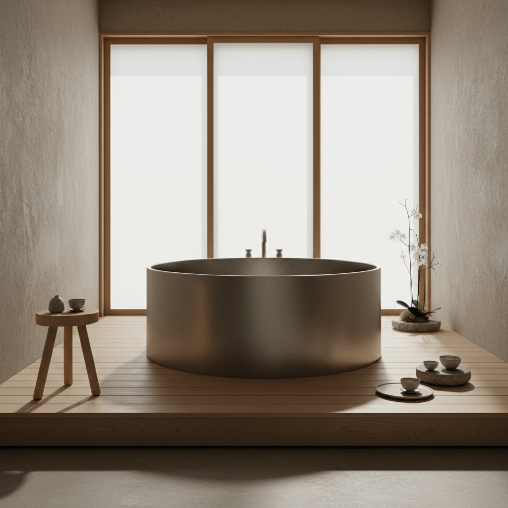 Circular stainless steel tub on hinoki wood platform, serene Japanese-Scandinavian design.