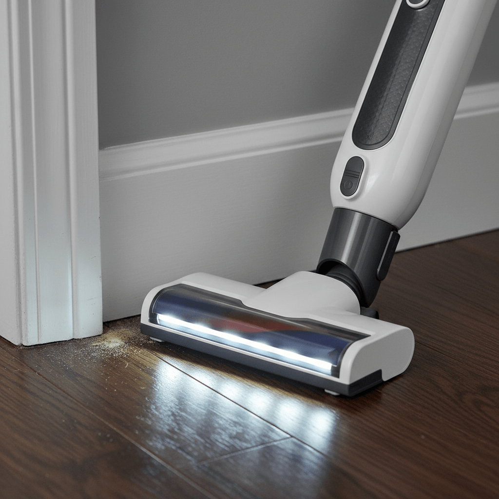 Budget cordless vacuum crevice tool with LED lights cleans narrow floor gaps.
