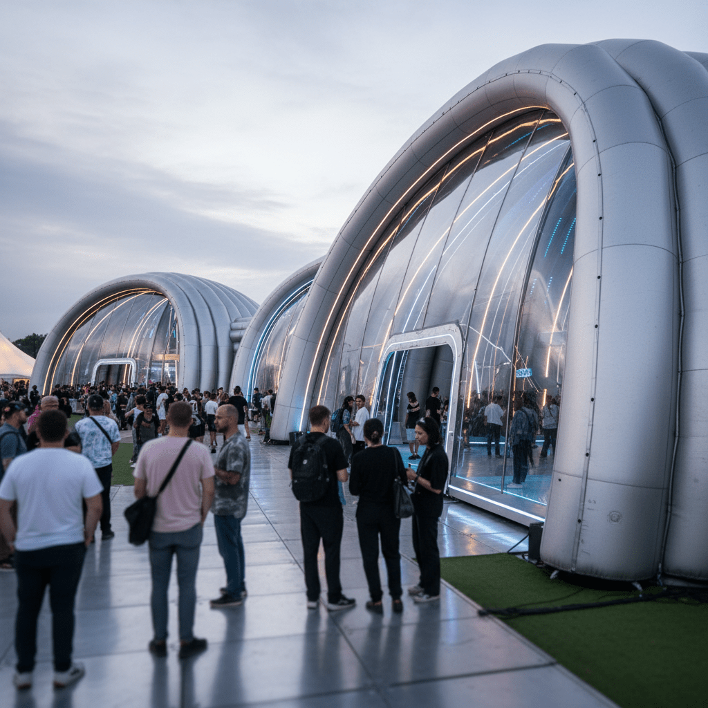 Massive inflatable air-frame pavilion at a futuristic outdoor festival with LED lighting.