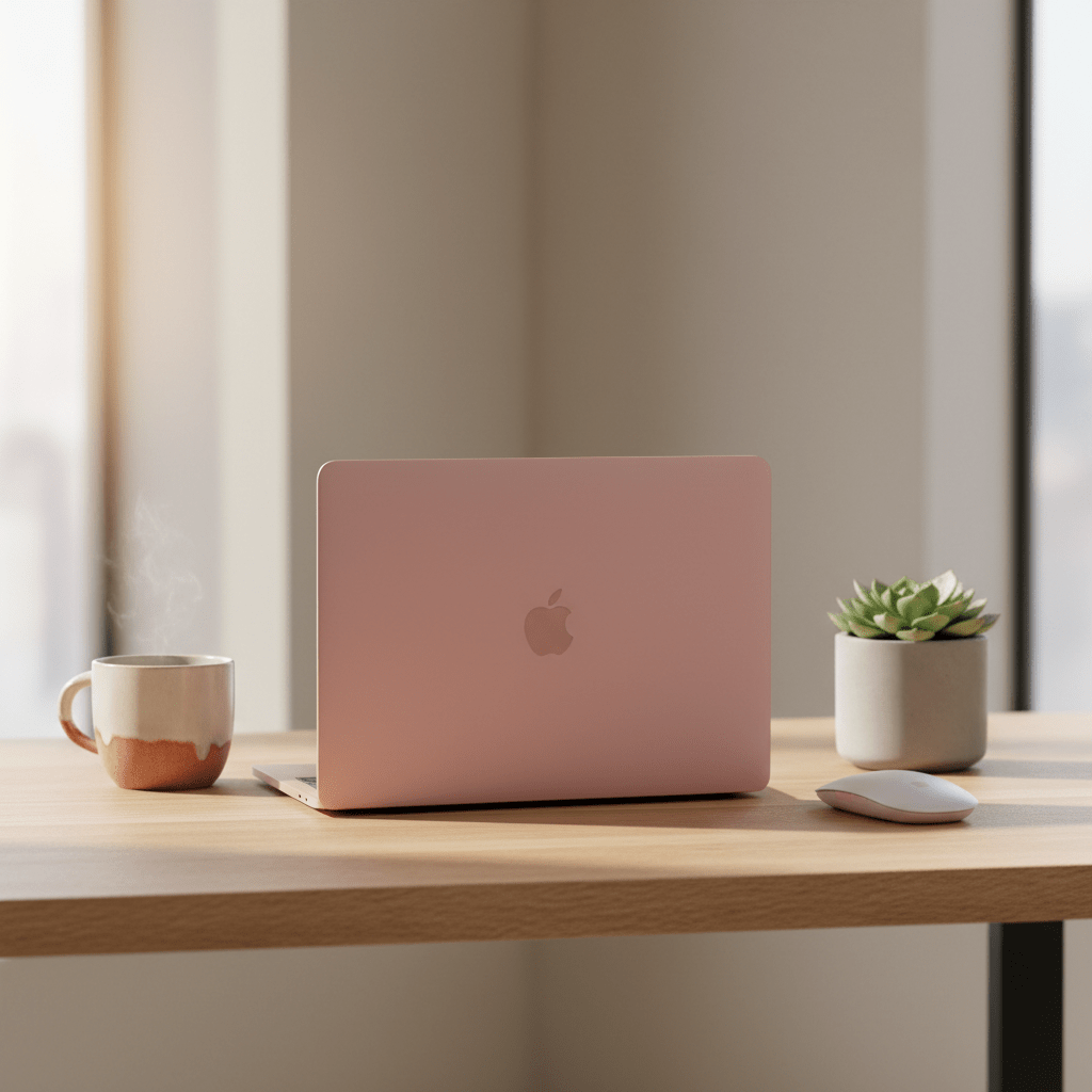 Dusty rose laptop on oak desk with mouse, succulent, and mug.