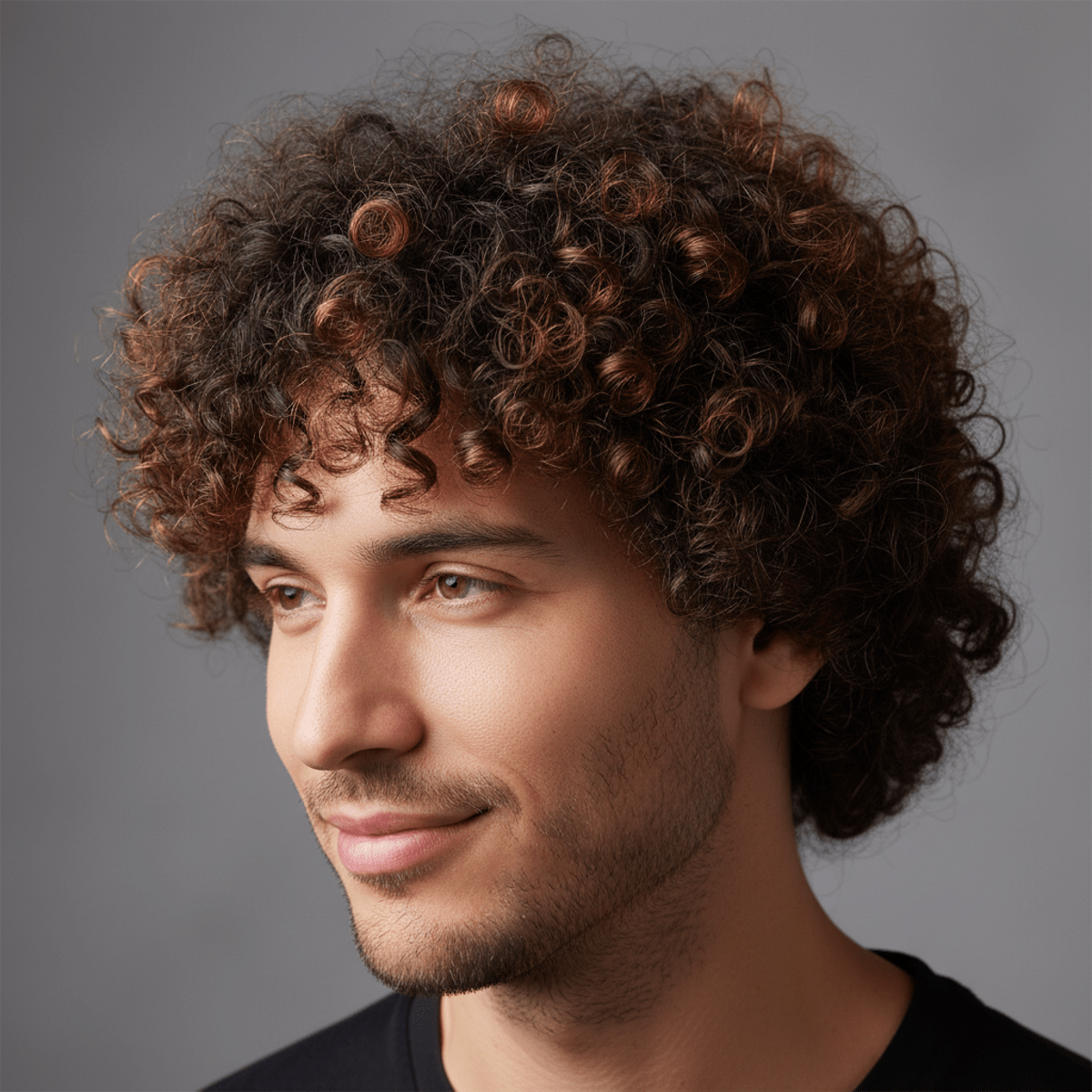 Man with perfectly defined, frizz-free curly hair, showing bouncy movement and moisture sheen.