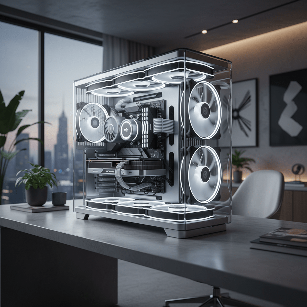 Ultra-modern PC case with floating components and curved glass panels.