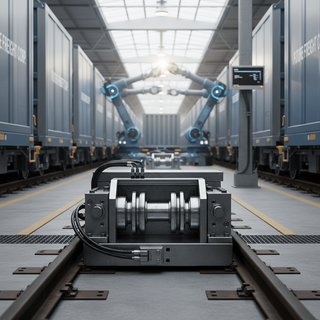 Low-profile hydraulic winch system in a modern automated railyard with freight cars.