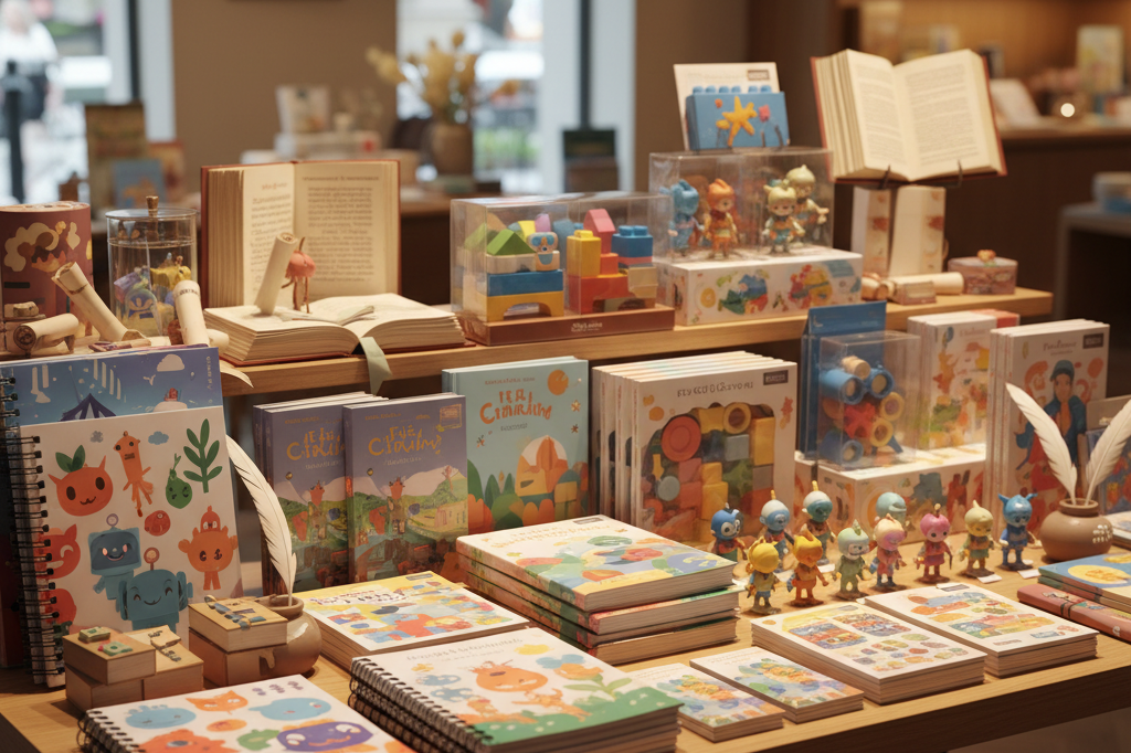 Colorful generic character stationery and books on a retail table under warm ambient shop lighting