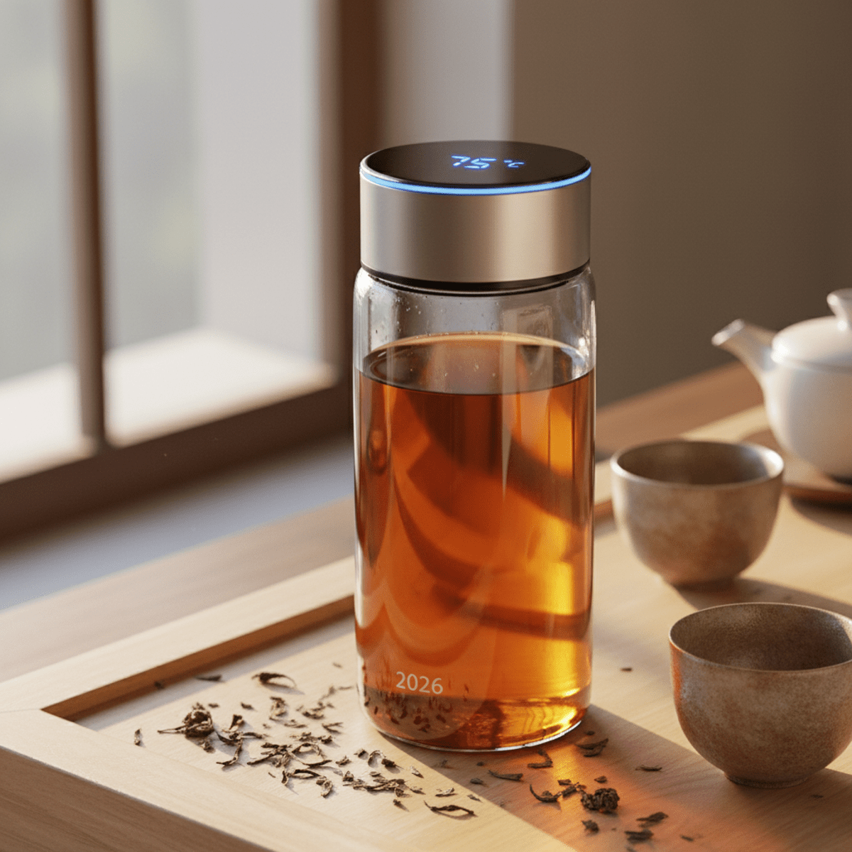 Crystal borosilicate glass tea bottle with amber tea and futuristic LED touch-display lid.