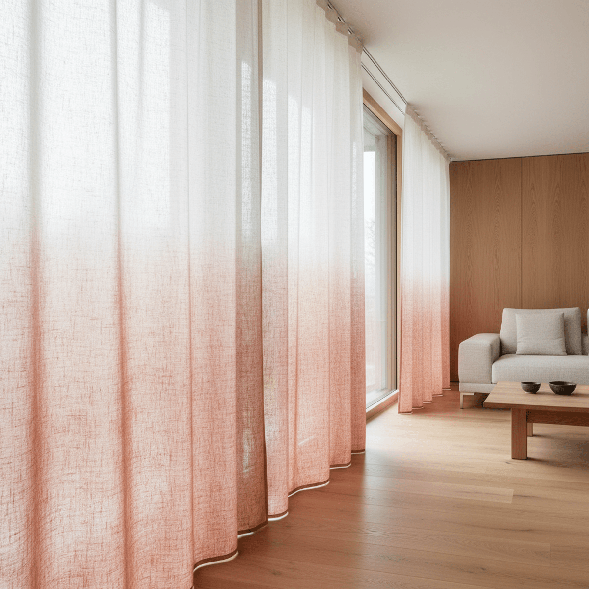 Soft ombré cotton curtains with artisanal texture Hand-dyed ombré cotton curtains with soft gradient in a modern living room.