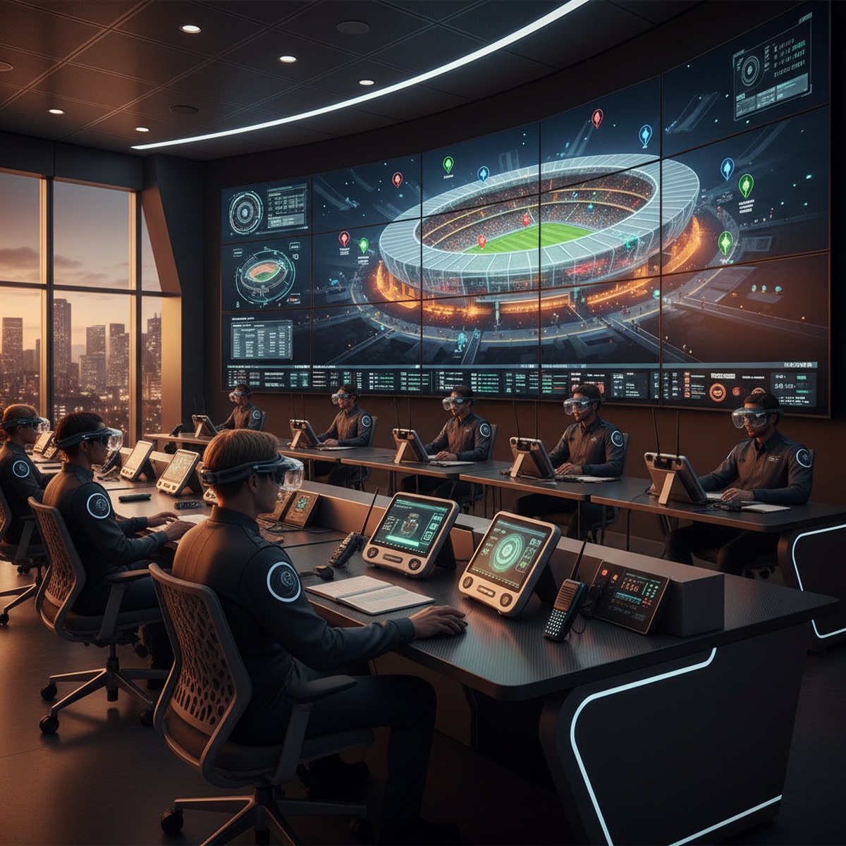 High-tech command center with digital screens displaying venue layouts and staff during a sporting event.
