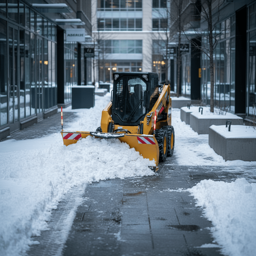 Mini skid steer with V-plow clears snow from urban walkway in winter.