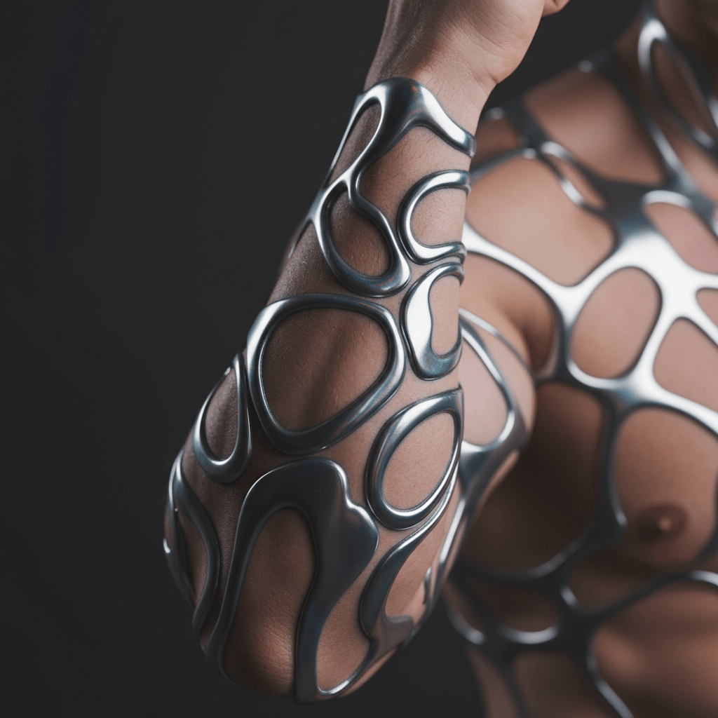 Muscular forearm with retro-futuristic chrome tattoo patterns and flowing liquid metal.