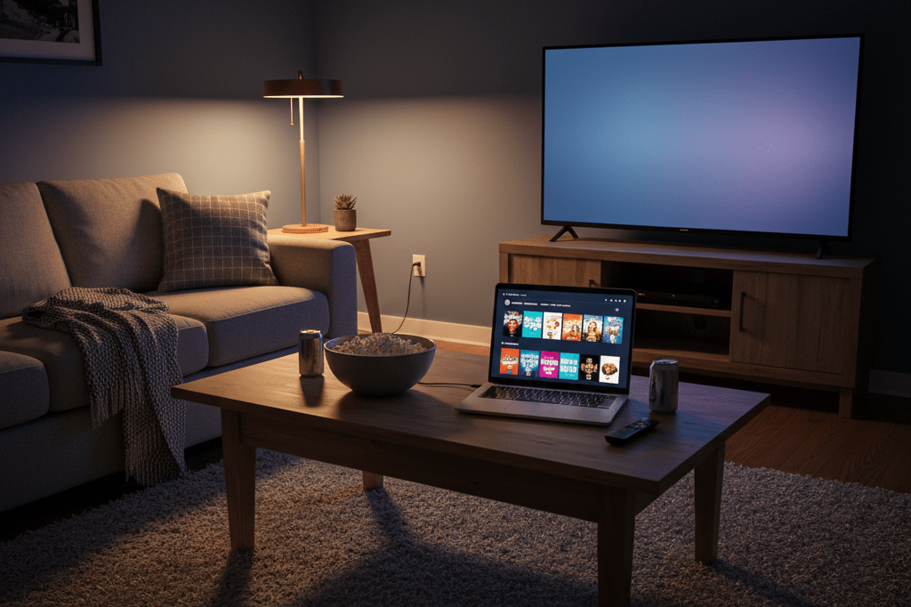 Dimly lit living room with laptop, snacks, and ambient lighting, evoking a relaxing streaming experience