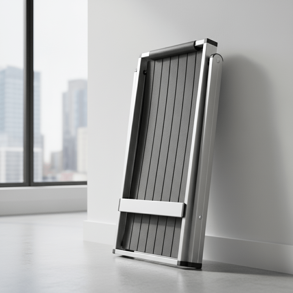 Sleek vertical dog treadmill folded against a modern wall in a small urban loft.