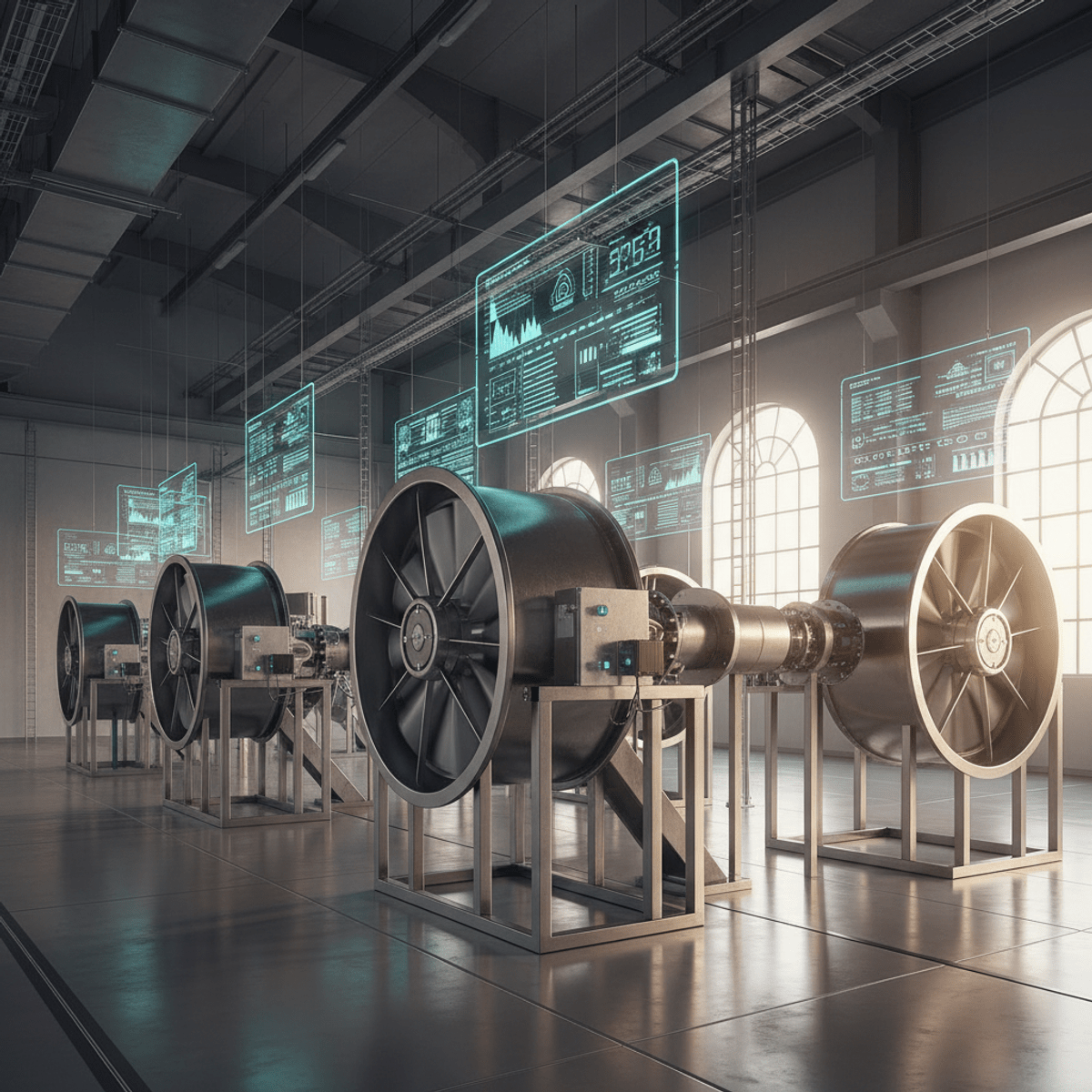 Modern industrial ventilation system with holographic displays High-tech industrial hall with centrifugal fans and holographic performance displays.