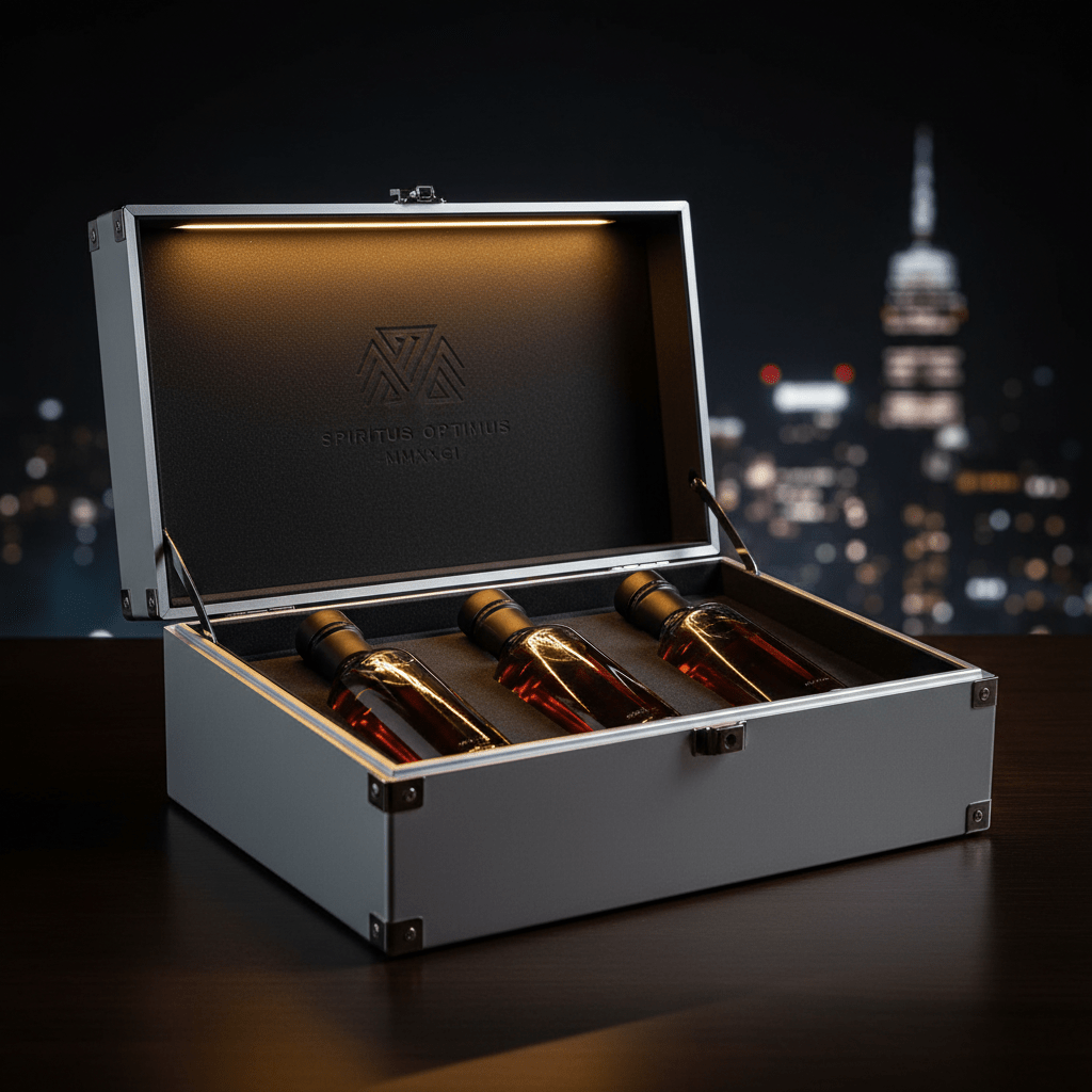 Matte aluminum case with LED lighting showcasing premium spirits bottle on foam.