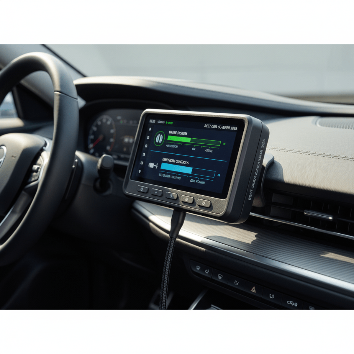 OBD scanner on dashboard showing real-time brake and emissions diagnostic data.