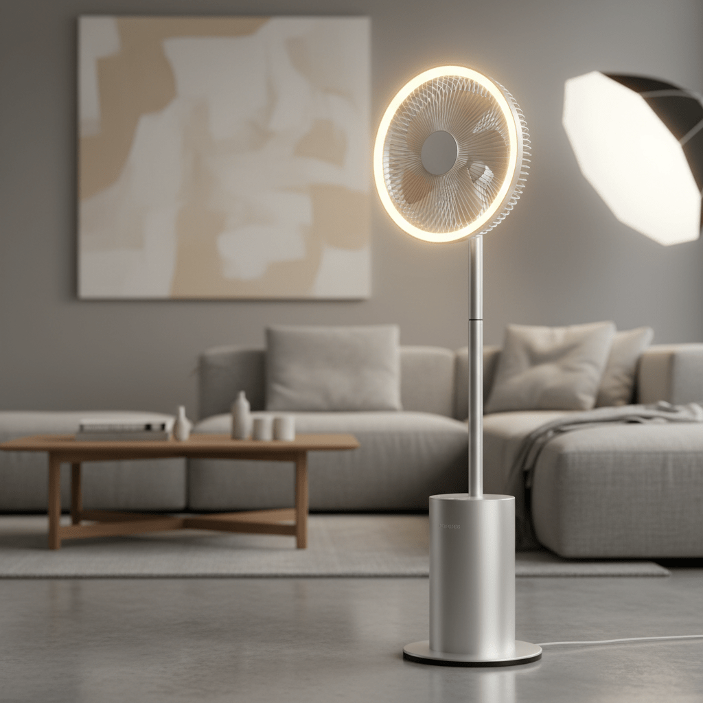 Sleek contemporary fan with LED ring and brushed aluminum base.