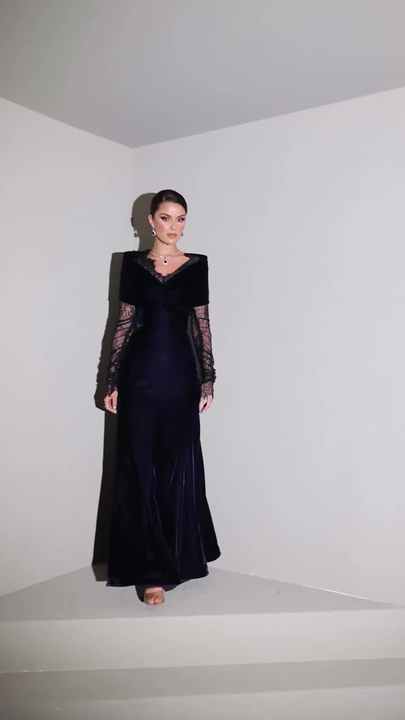 Sharon Said SF443 Elegant Navy Blue Mermaid Evening Dress Long Sleeve Off  Shoulder Lace Women Wedding Party Gown