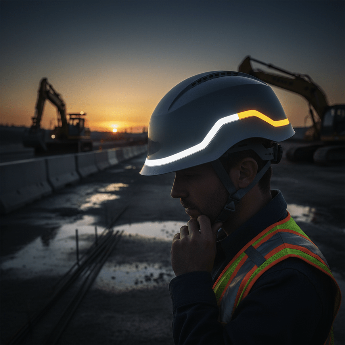 Futuristic hard hat with integrated LED bands illuminates highway construction at twilight.