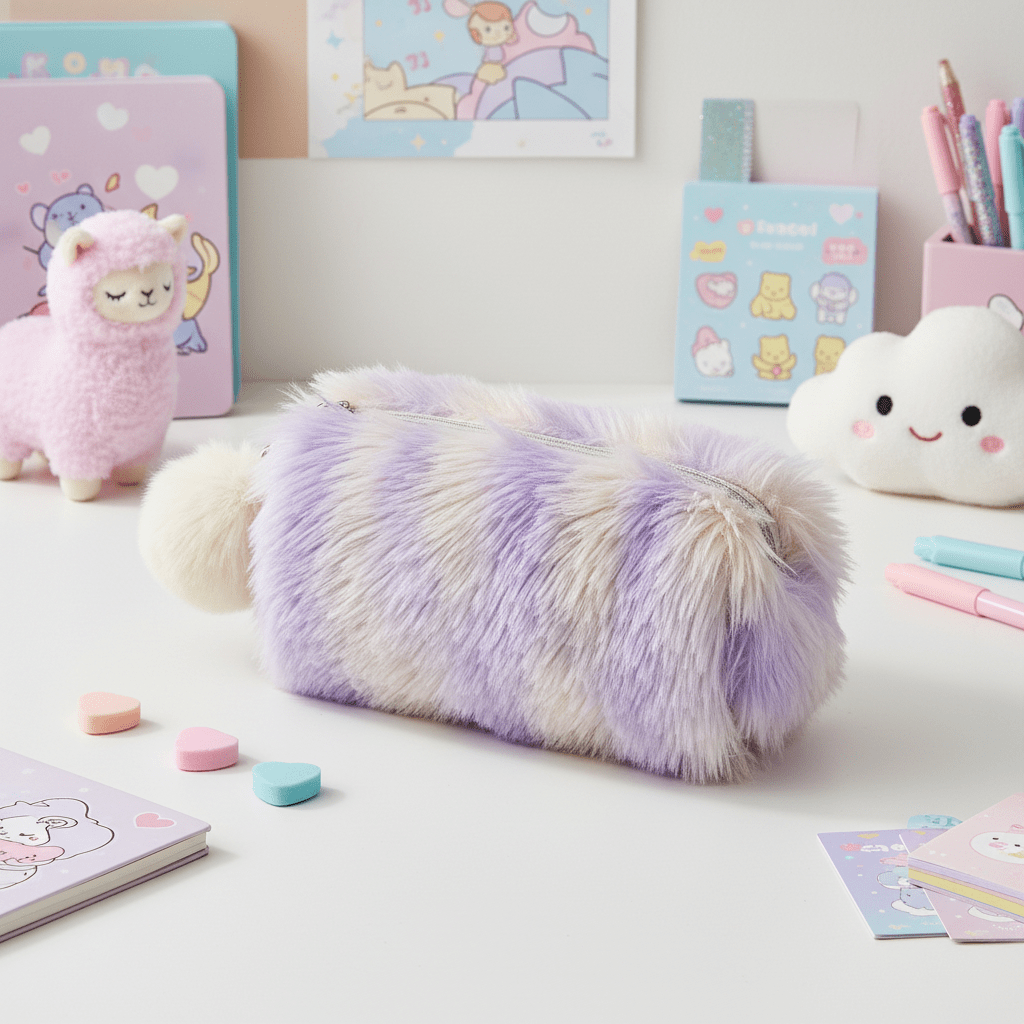 Kawaii shaggy pencil case with cute stationery and plush toys on a white desk.