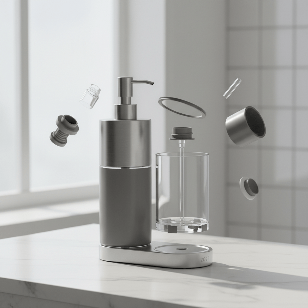 Exploded view of a modular face wash dispenser system made from recycled plastic and aluminum.