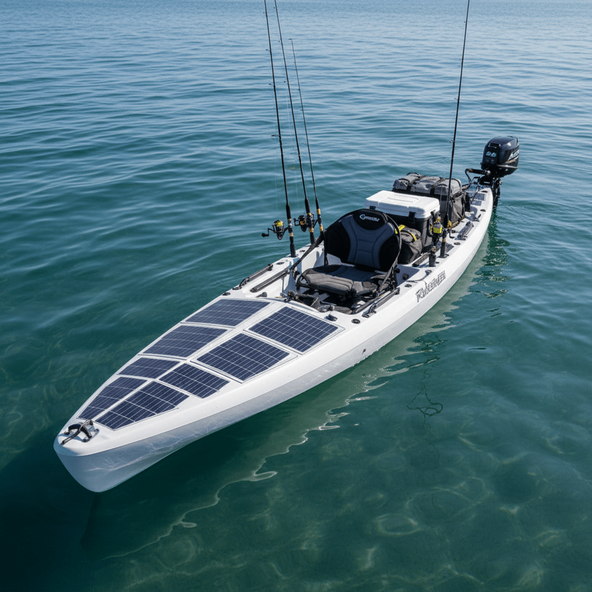 Solar-powered fishing kayak on calm sea Premium fishing kayak with integrated solar panels floating on a calm blue sea.