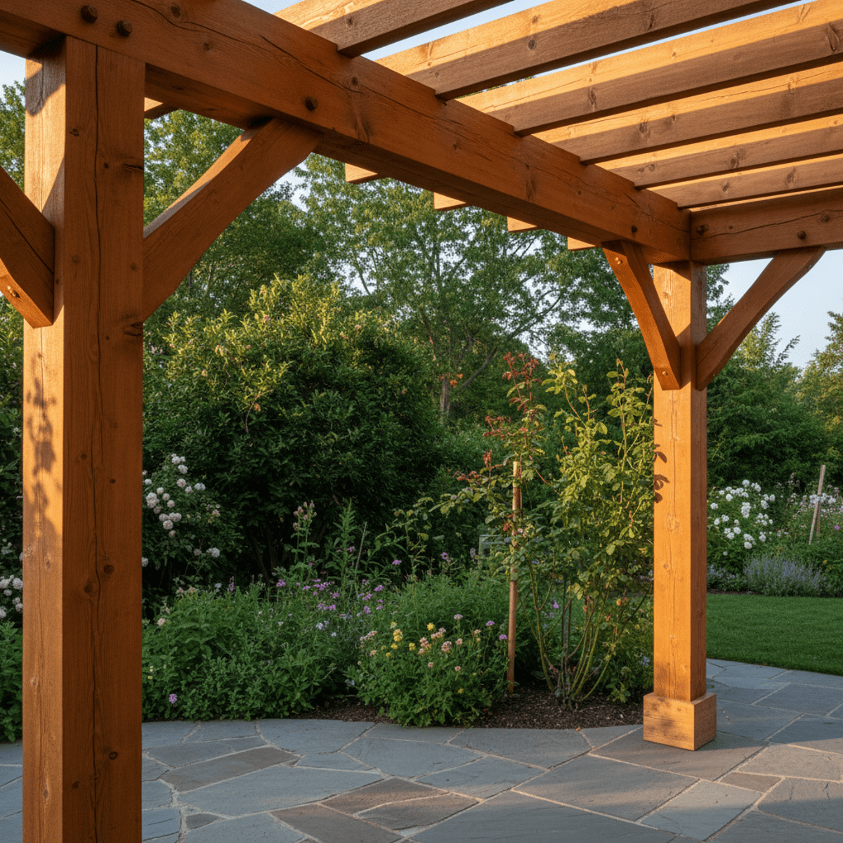 Completed timber-frame pergola with chainsaw-milled beams in golden hour sunlight.