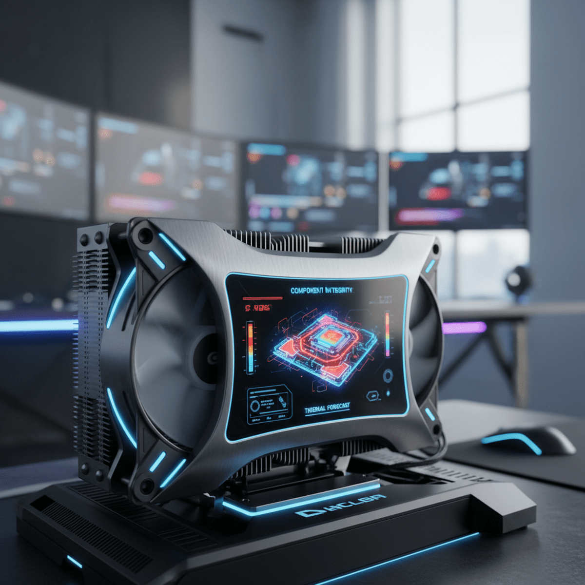 Advanced CPU cooler with curved OLED displaying component wear and heat maps in neon.