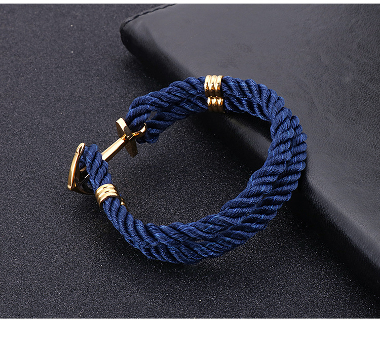 欧美热销黑色不锈钢船锚手链手工编织尼龙绳手链男士多层手链