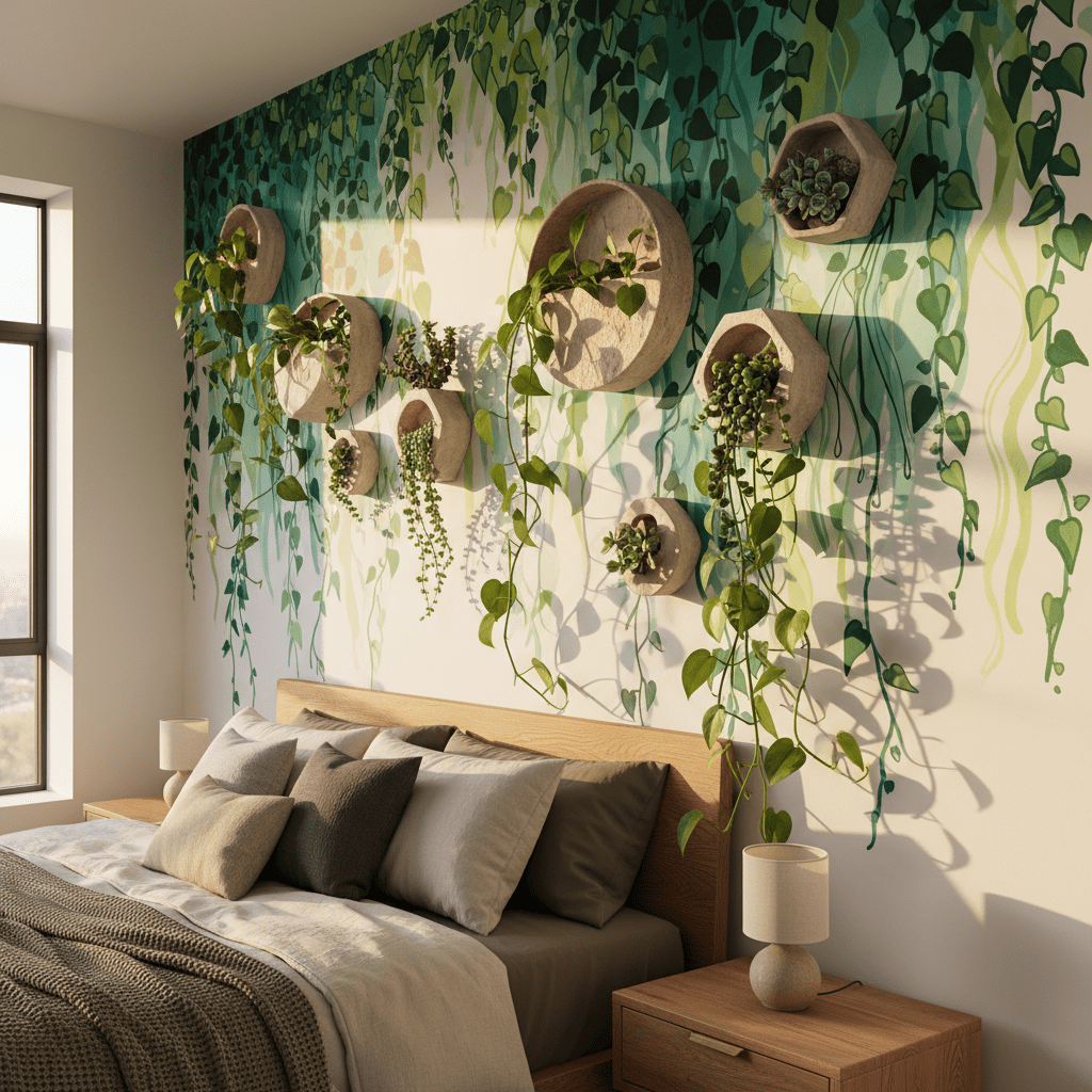 Living art installation with ivy and planters in golden light. Serene bedroom with magnetic ivy mural and integrated planters, bathed in golden light.