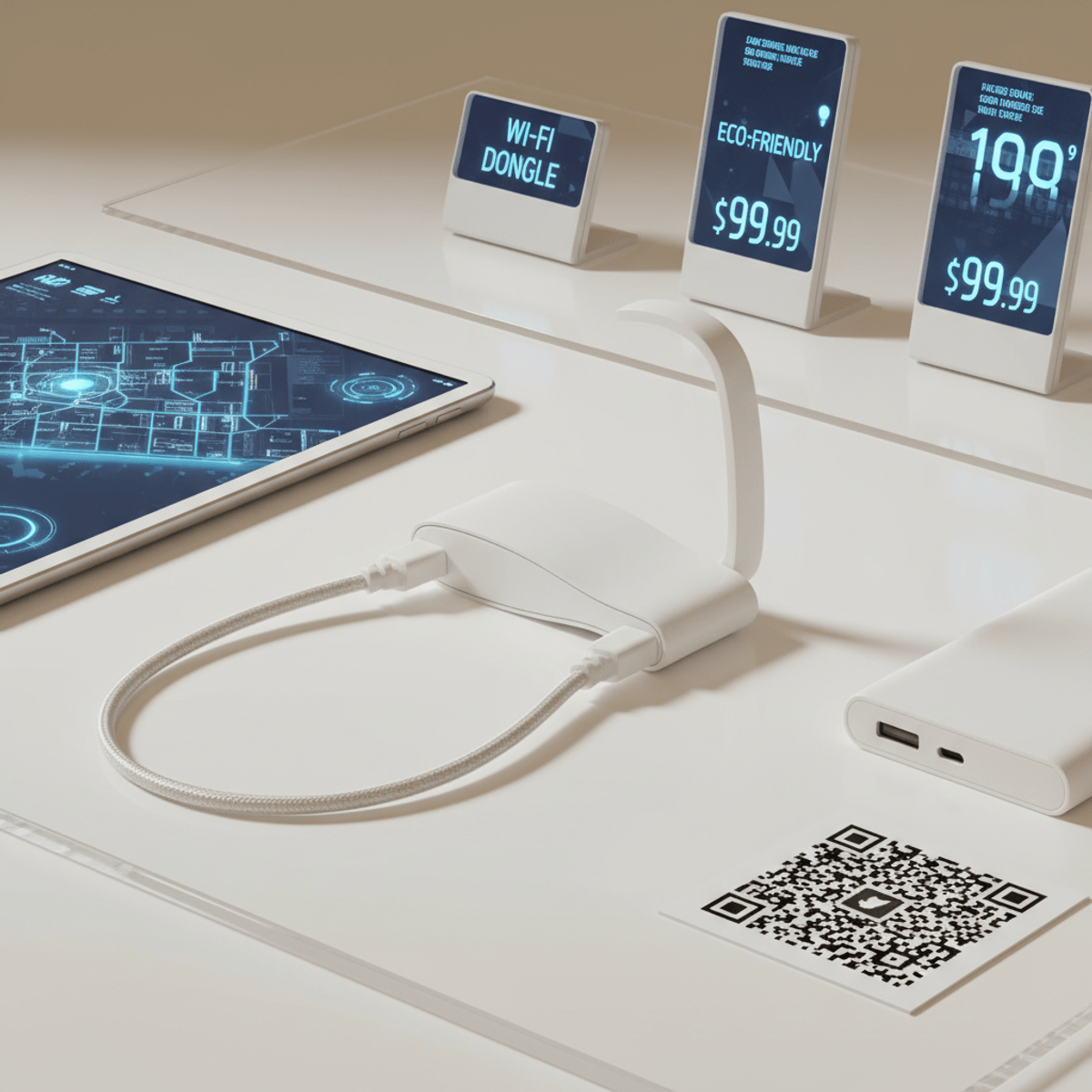 Elegant minimalist white WiFi dongle connected to a portable power bank on white acrylic.