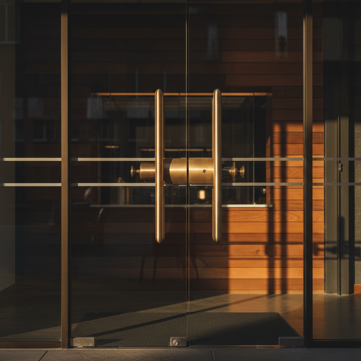 Luxurious auto door opener with brushed brass finish in an office entrance.