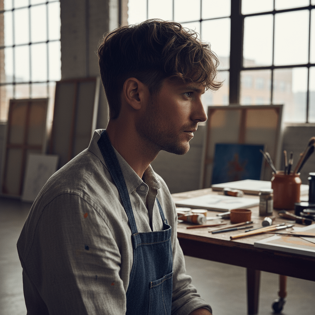 Male artist with wavy fringe haircut in urban loft, soft daylight.