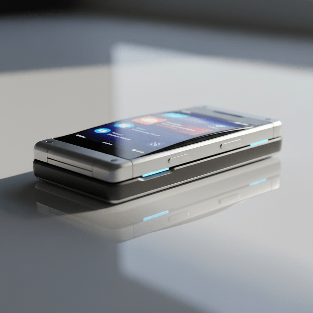 Futuristic flip phone with OLED display and anodized metal body on a studio surface.