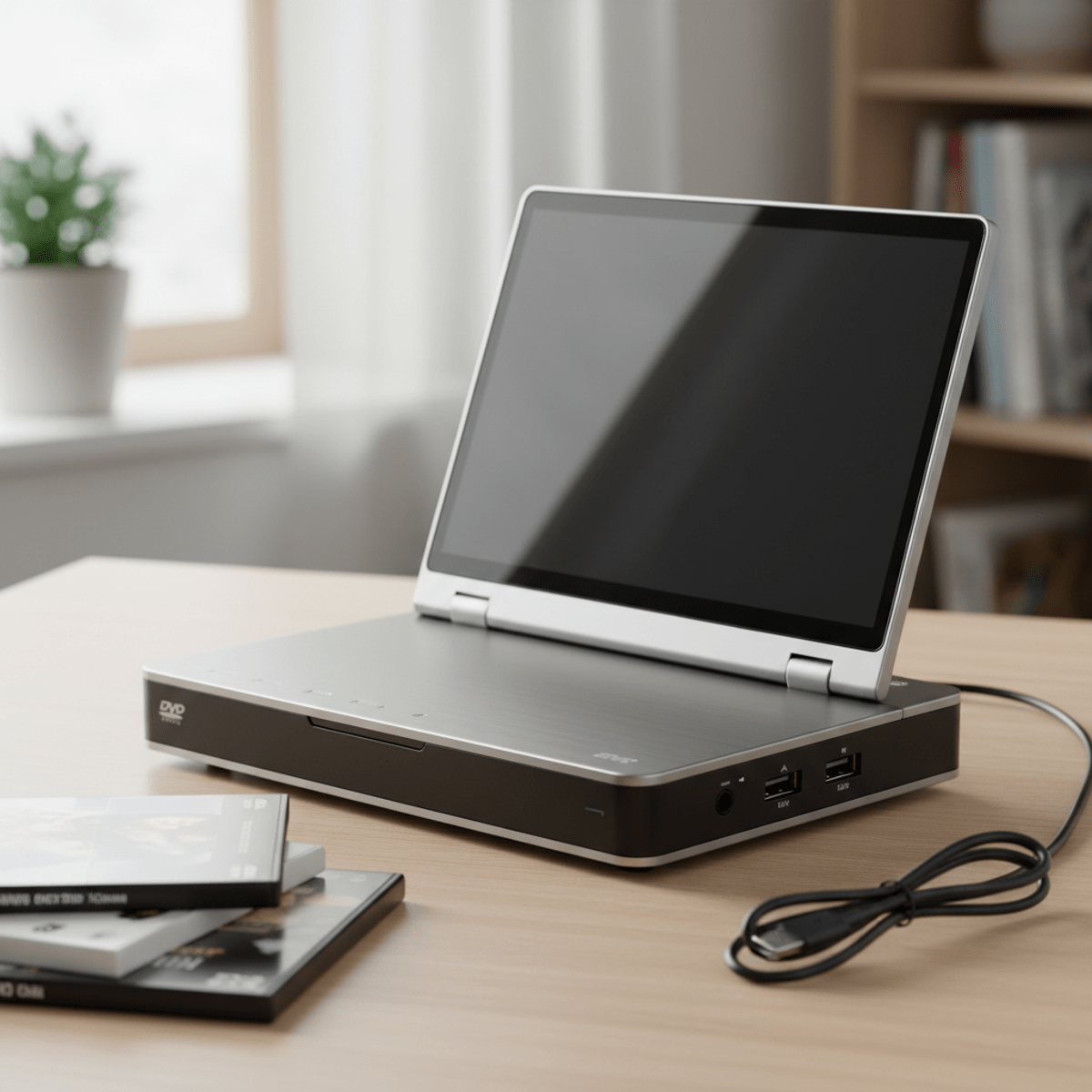 Sleek portable DVD player on a light wood table with scattered DVDs and charging cable.