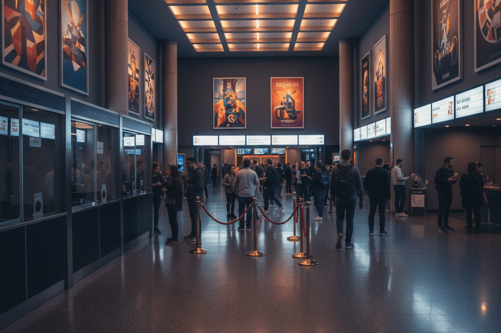 Modern cinema lobby alive with anticipation and energy Wide-angle view of a vibrant cinema lobby under marquee lights, evoking excitement without identifiable branding or figures
