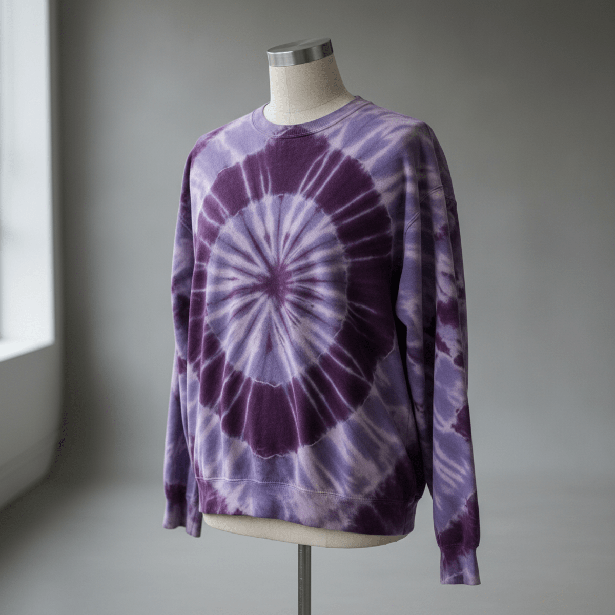 Heavyweight sweatshirt with geode tie dye in amethyst purple and soft lavender.