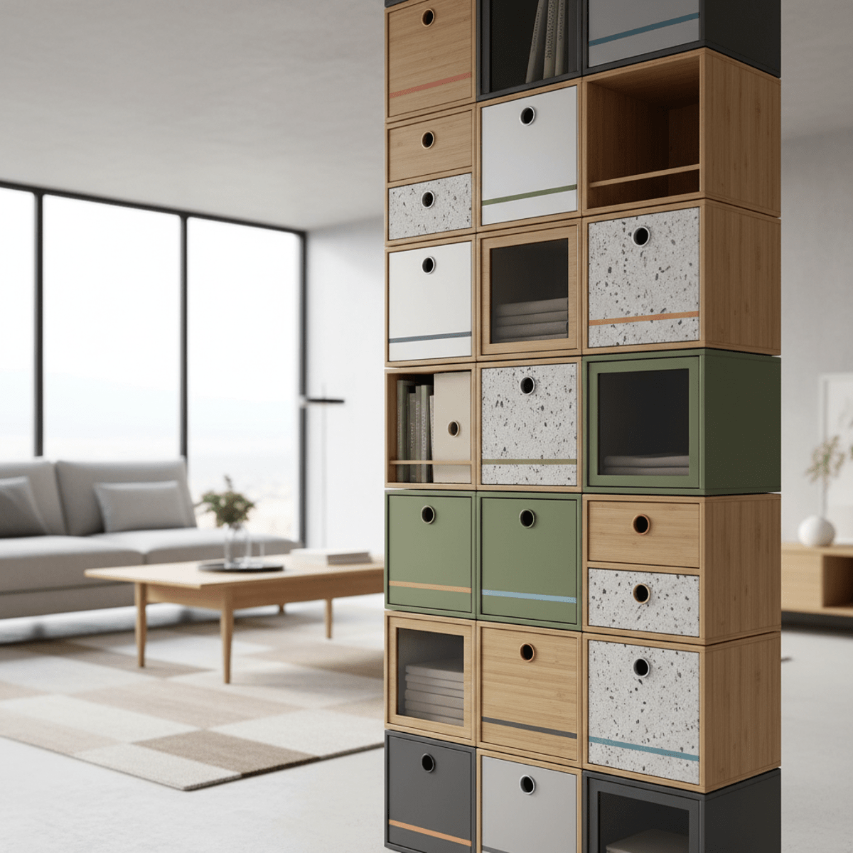 Modular bamboo and metal storage boxes stacked neatly in a modern living room.