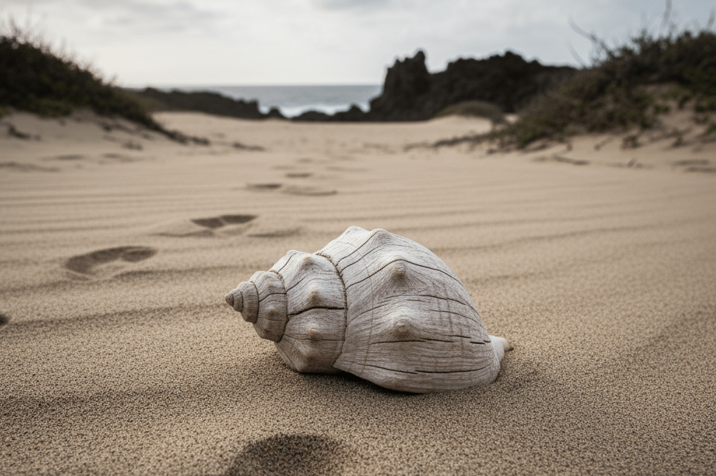 Medium shot of a bleached conch shell on dry sand with distant rocky shoreline, evoking leadership and societal breakdown