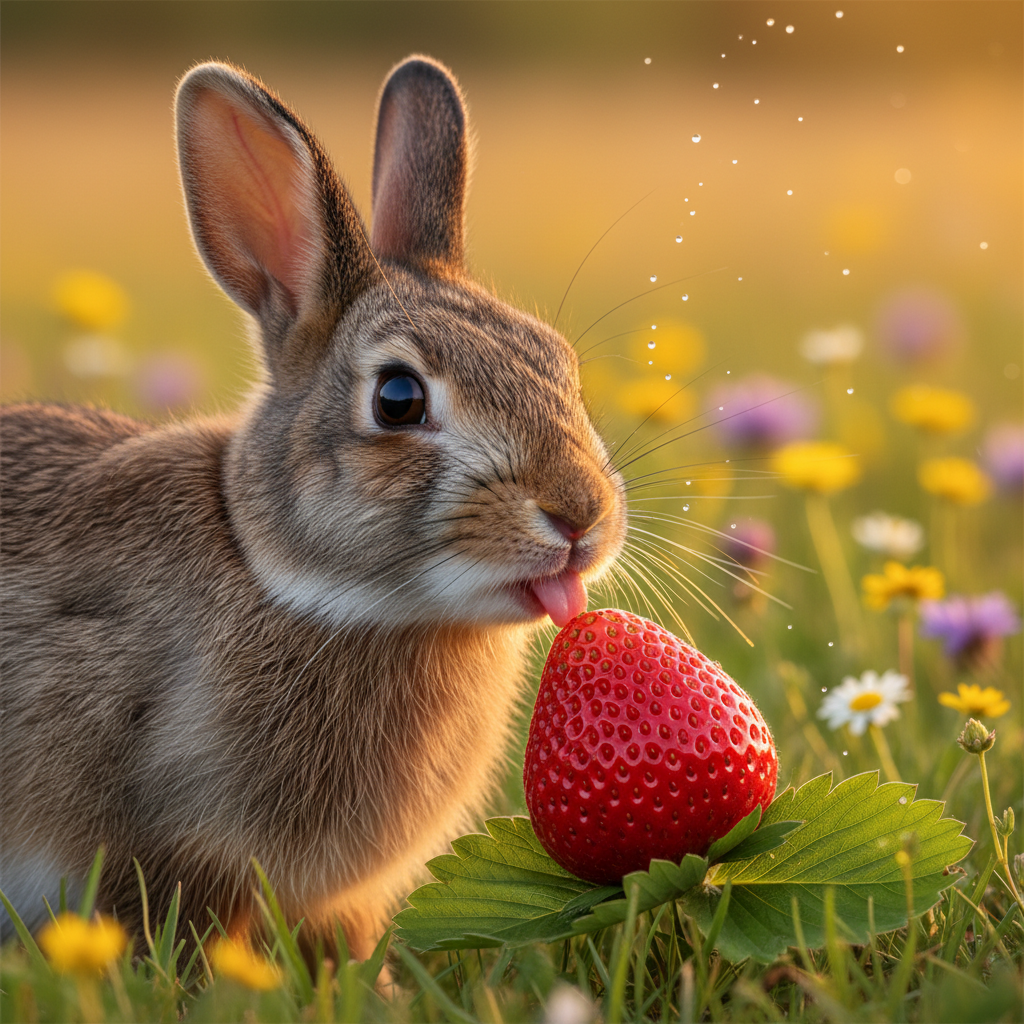 Realistic bunny eating a ripe strawberry with glistening juice drops in soft golden hour light.
