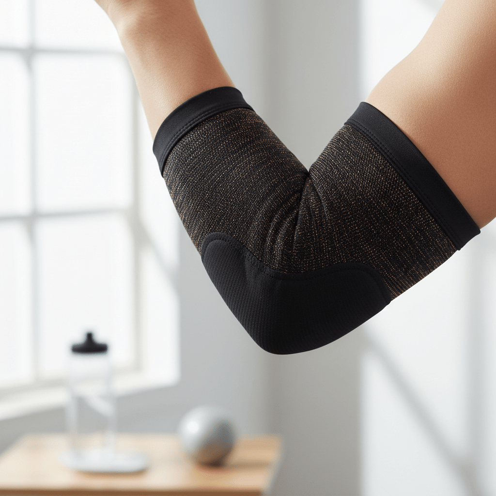 Sleek black elbow brace with subtle copper threads for tendonitis support.