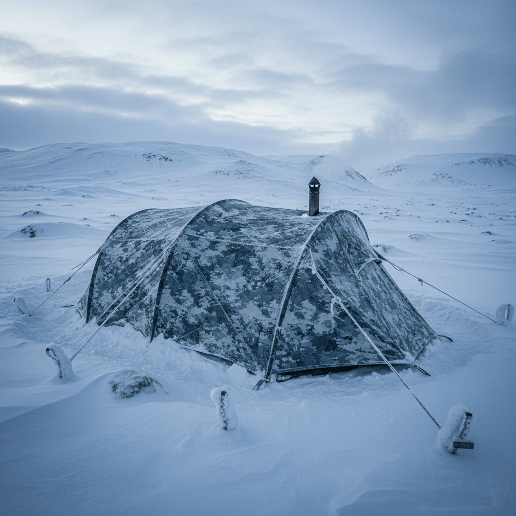 Heavy-duty quilted tent buried in snow with steam rising from stove pipe.