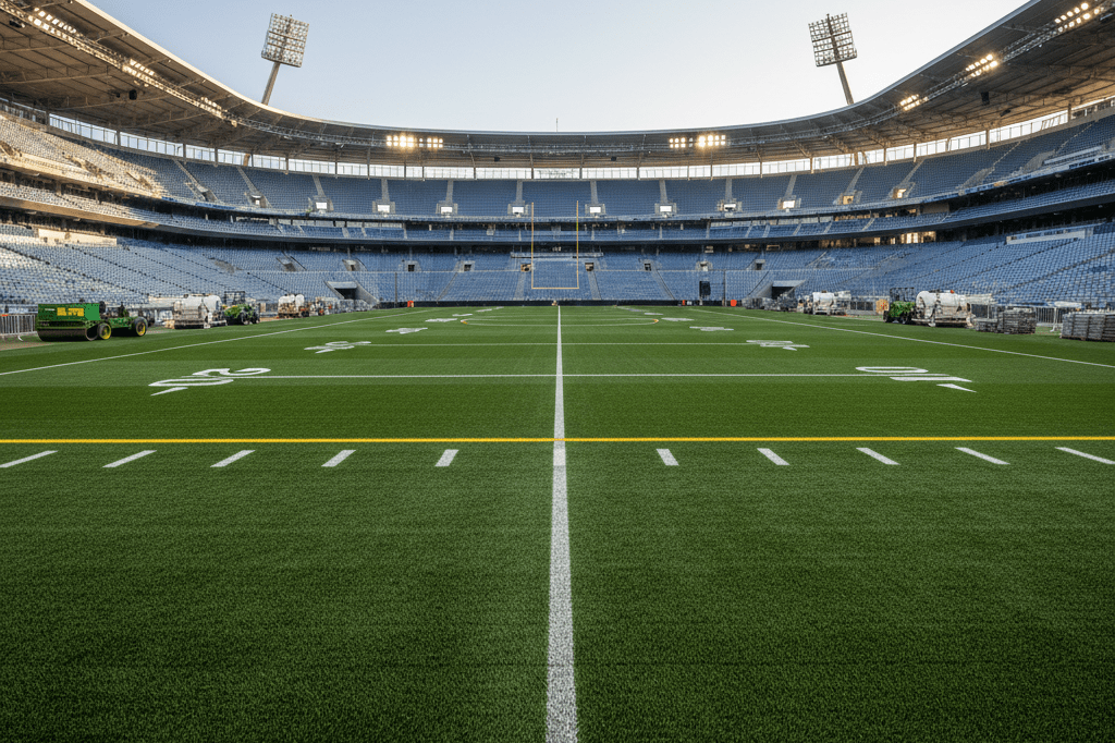 Wide-angle view of a modern stadium field with turf details, surrounded by maintenance tools, lit naturally with soft shadows